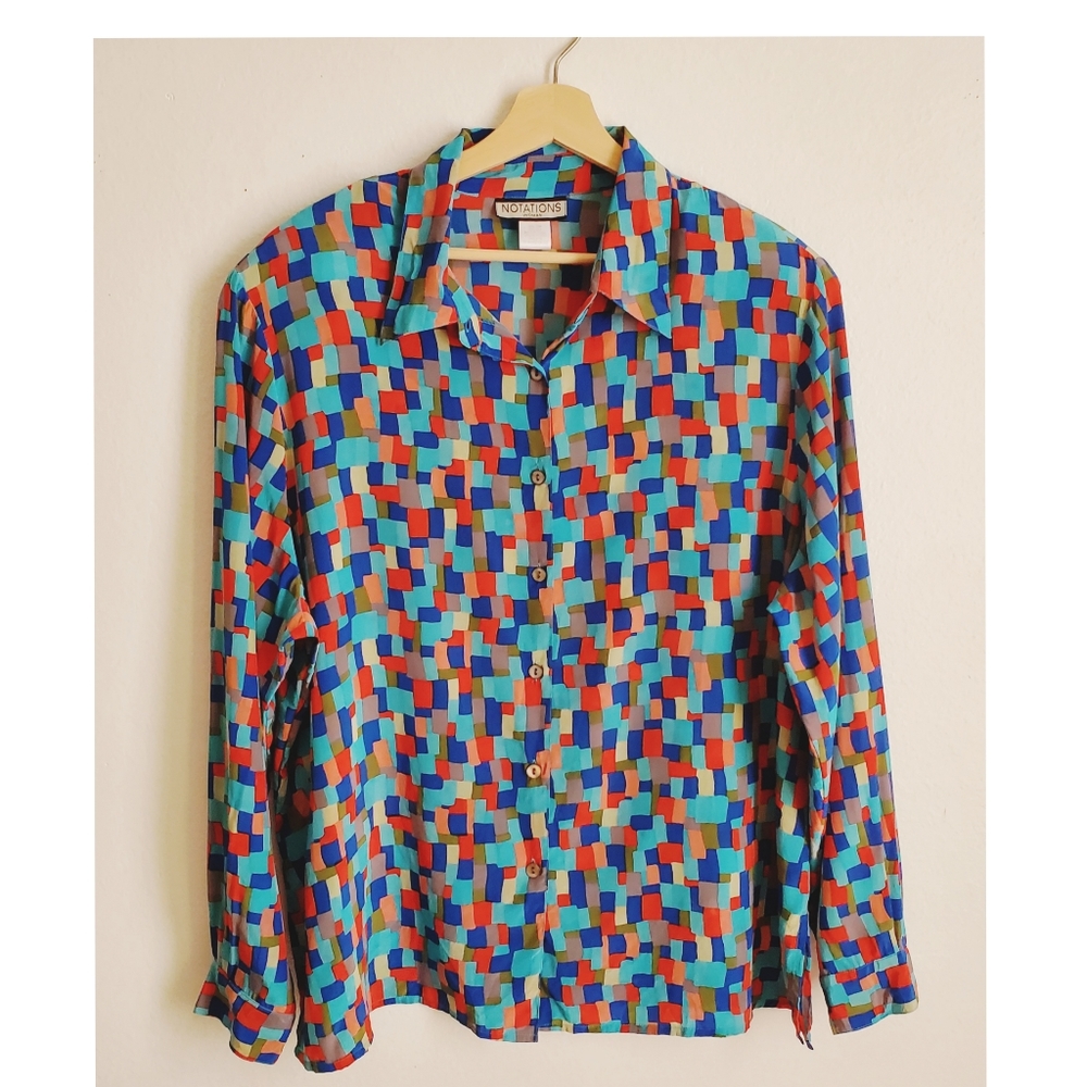 Notations Shirt 100% Silk Sz 20w Multicolor Print